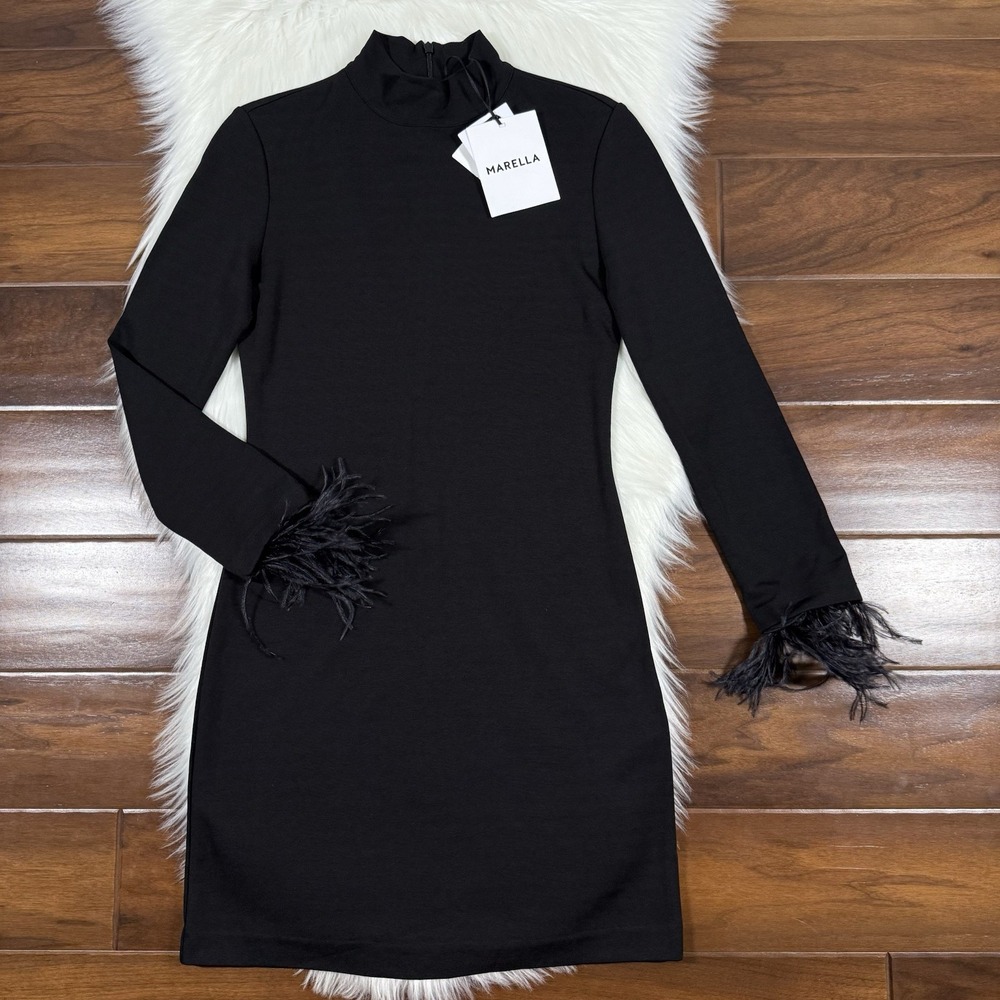 Marella Women's Size US Small Black Ione Feather Mini Dress‎ Long Sleeves